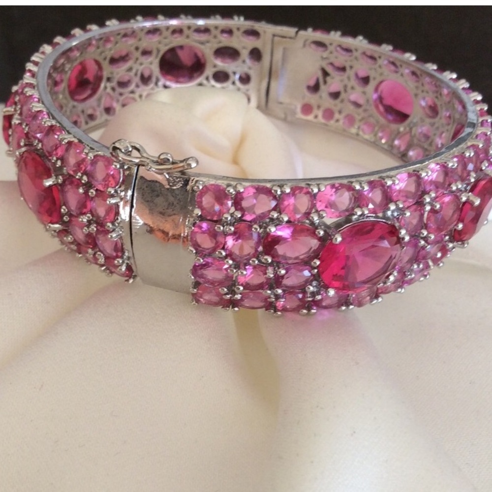 New Stunning Pink Ruby 925 Sterling Silver Bangle Bracelet